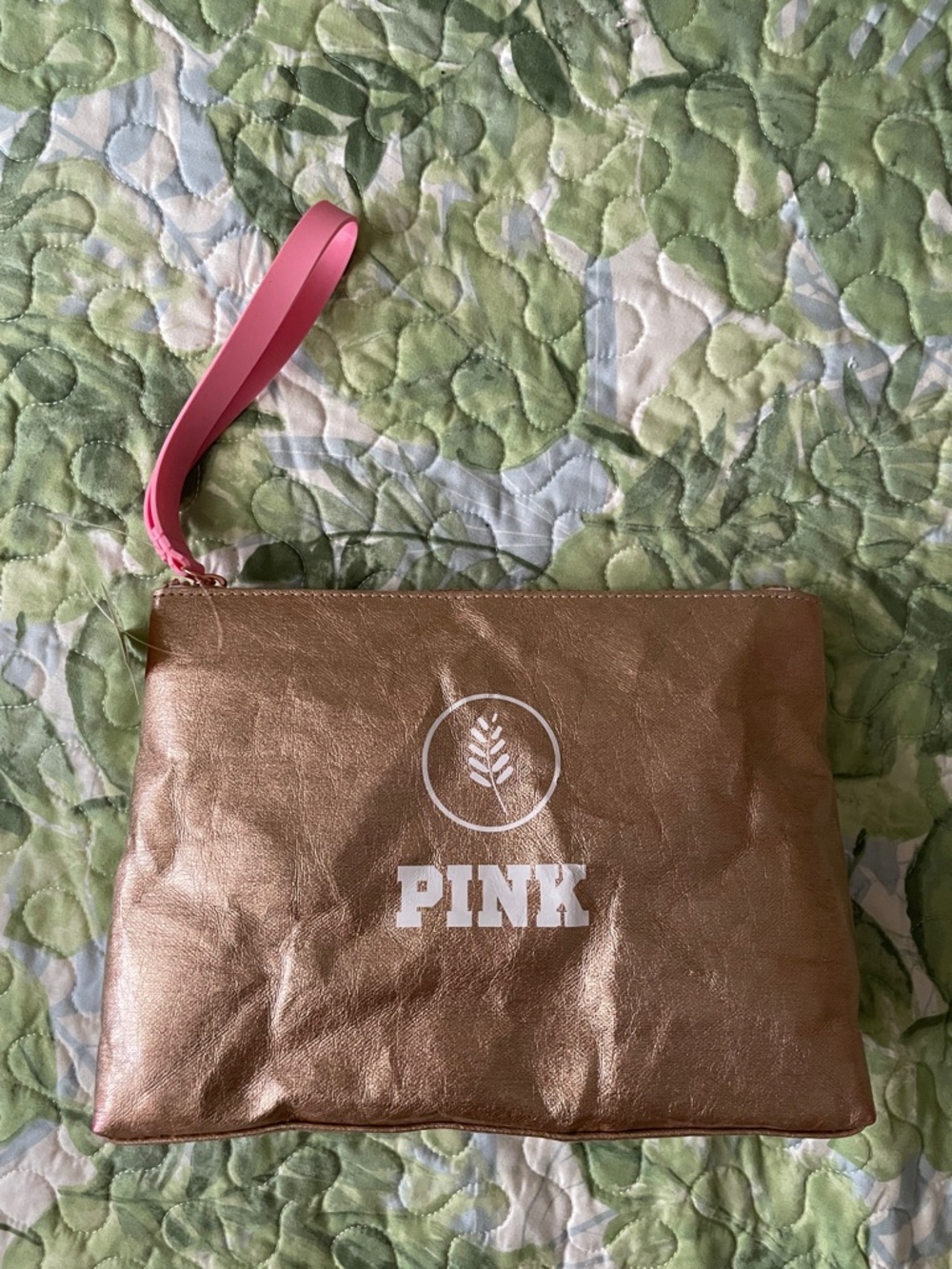 PINK Metallic Rose Gold Wristlet with Pink Strap